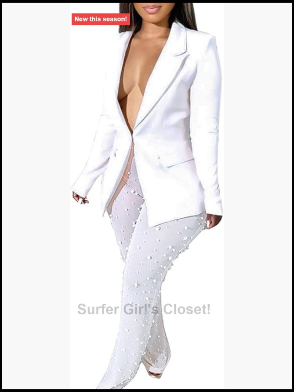 Sexy Blazer Pants Set V Neck Mesh Beading High Waist 2 Piece Outfit Night Out